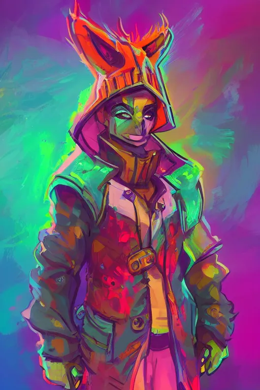 Prompt: colorful character concept art by ian pesty