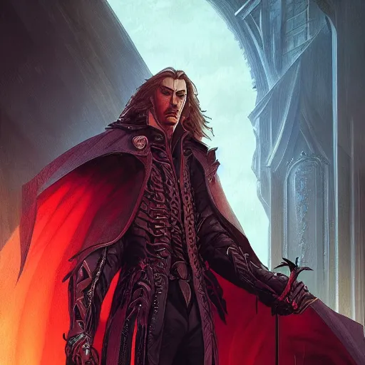 Image similar to portrait of a Castlevania\'s Dracula, in a sci fi setting, cyberpunk setting, highly detailed, digital painting, artstation, smooth, sharp focus, illustration, art by artgerm and greg rutkowski and alphonse mucha