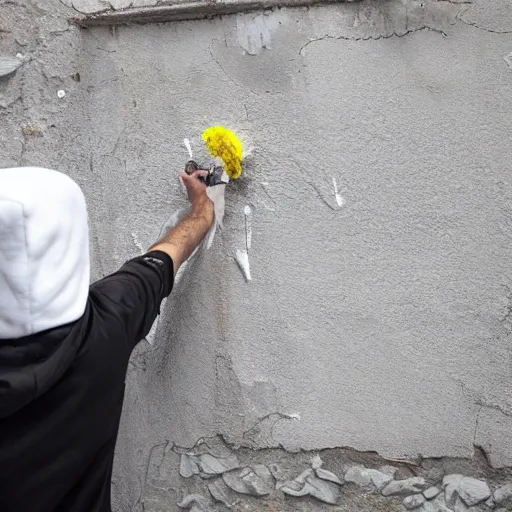 Prompt: guy with white hoodie spray painting flowers in a wall in genova