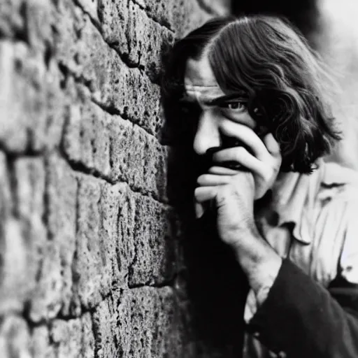 Prompt: Close-up of an utterly terrified young man with long hair on the verge of panic tears cornered with his back against a stone wall. He is wearing a 1930s attire. He looks utterly panicked and distressed and is trying to protect himself from an assailant.