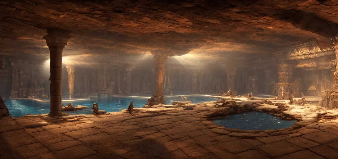 Image similar to dramatic photo of underground aztec interior, ambient occlusion, glowing pool of water, ancient goden statues, raytracing, unreal engine, dramatic lighting, detailed,, global illumination, god rays, 3 d artstation by greg rutowski and jessica rossier