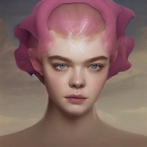 Prompt: Elle Fanning wearing a jellyfish helmet in the style of Paola Vetri, head and shoulders portrait, stormy weather, extremely detailed masterpiece, oil on canvas, low-key neon lighting, artstation, Blade Runner 2049, Roger Deakin’s cinematography, by J. C. Leyendecker and Peter Paul Rubens and Edward Hopper and Michael Sowa,