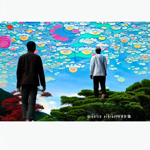 Image similar to a man walking on clouds away from the camera above kyoto by takashi murakami, beeple and james jean, aya takano color style, 4 k, super detailed, modern, 4 k, symmetrical