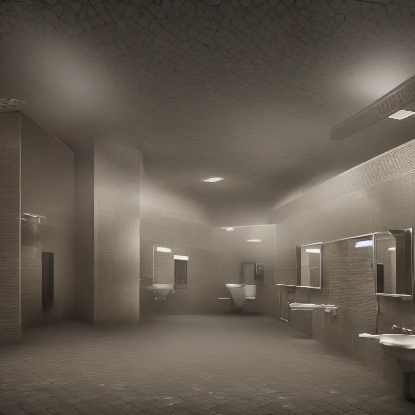 Image similar to an infinite public restroom with endless stalls and endless sinks fading into the distance, cinematic lighting, volumetric lighting, award winning photography, highly detailed, intricate, sharp focus, 4 k wallpaper, unreal engine, 9 0 mm, f / 1. 4