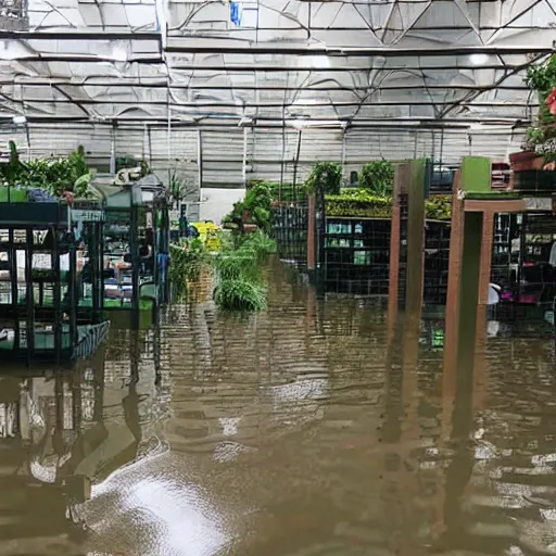 Prompt: The gardening center section of a Lowe's Warehouse, completely flooded