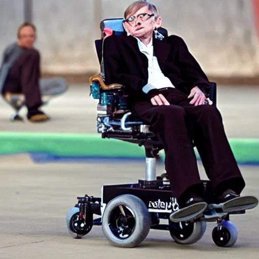 Image similar to Stephen Hawking doing tricks at a skate park