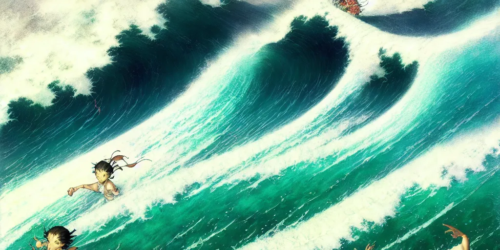 Image similar to pegusus runing through ocean wave, exquisite details, denoised, mid view, by norman rockwell, karl kopinski, artsation, greg rutkowski, makoto shinkai, takashi takeuchi, studio ghibli