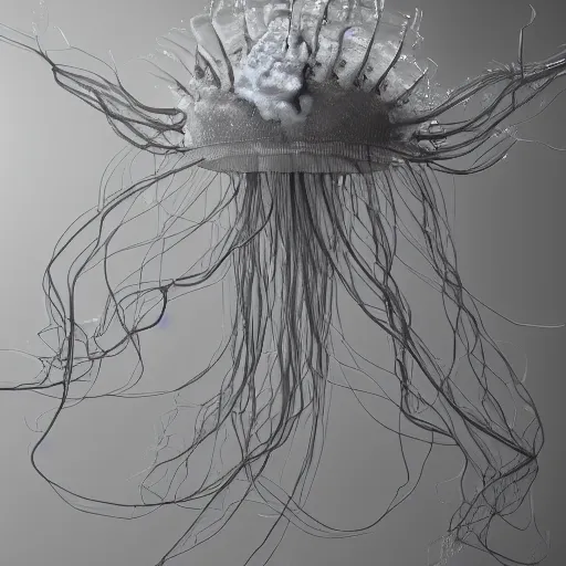 Prompt: cute fumo plush of an eldritch jellyfish girl with hundreds of tendrils, cute, vray render with caustics, black and white