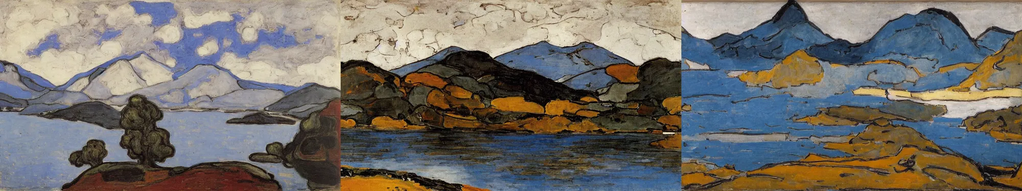 Prompt: lakeside mountains, by piet mondrian