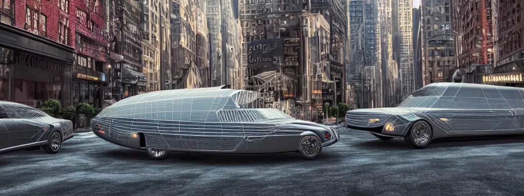 Image similar to A futuristic 50's style hearse on a manhattan street, beautiful, detailed, intricate, insanely detailed, 3D render digital art, octane render, 8K, photorealistic digital art, realistic volumetric lighting