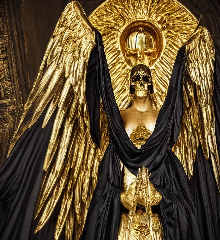 Image similar to full length picture of the angel of death wearing black robe with gold wings in an elaborate cathedral, octane, 8k, ultra detailed, photorealistic + sigma 105mm f2.8 macro