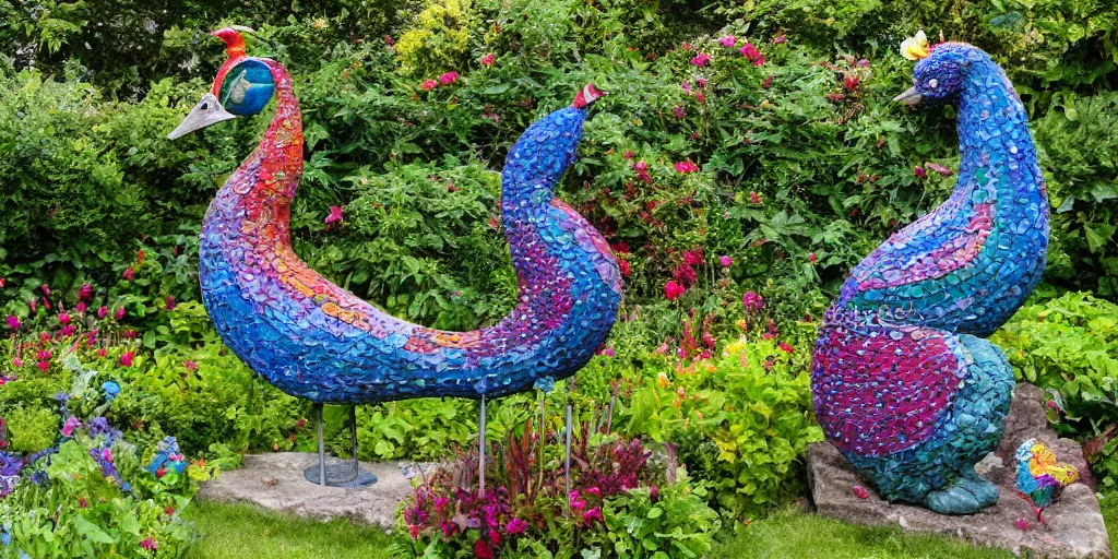 Prompt: folk art garden sculptures in an english cottage garden, cottagecore flower garden, concrete sculpture of a peacock, colorful mosaic, sculpture by wouterina de raad!!!, art by james tellen, highly detailed, realistic anatomical proportions, textured hand built concrete sculpture, amazing concrete sculpture, 4 k