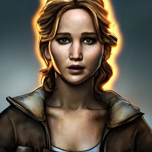 Image similar to jennifer lawrence portrait, borderlands, tales from the borderlands, the wolf among us, comic, cinematic lighting, studio quality, 8 k