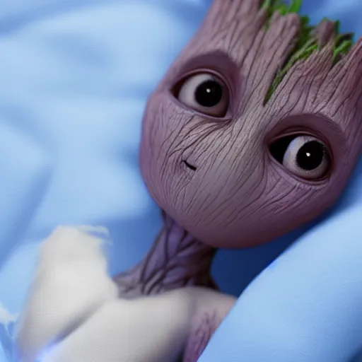 Image similar to Baby Groot is fast asleep and snuggled up in bed, cuddling a blue blanket, hyperdetailed, artstation, cgsociety, 8k