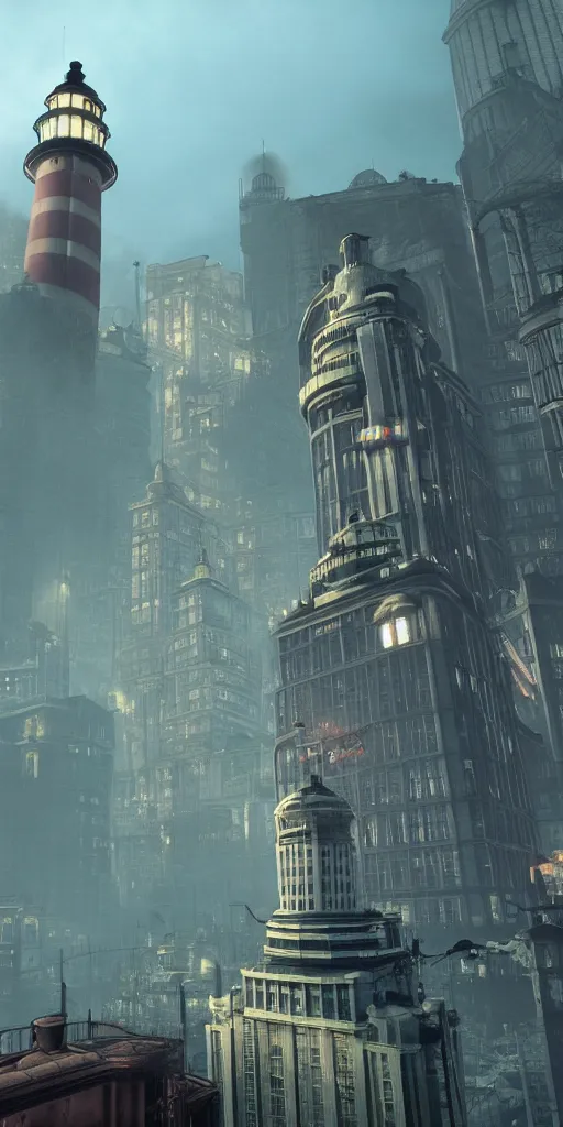 Image similar to the two cities of bioshock, Columbia floating up top, a lighthouse on a island in the middle, the City of rapture underwater at the bottom