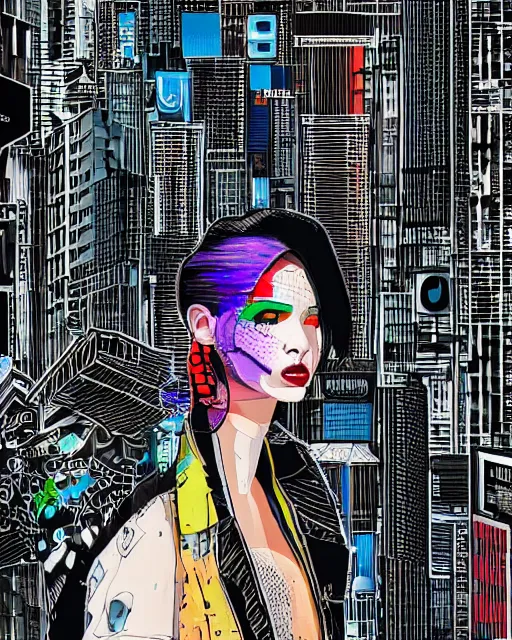 Image similar to cypherpunk fashion illustration, city street background with high tall buildings, abstract portrait highly detailed, finely detailed