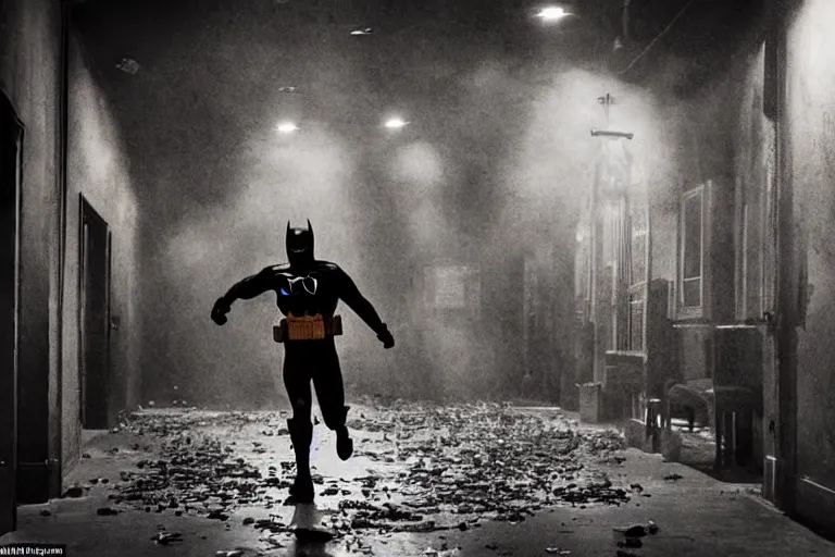 Image similar to batman covered in lots of orange juice offering free beer, chasing through old brown decrepit hallway, creepy smile, atmospheric eerie lighting, dim lighting, bodycam footage, motion blur, photography