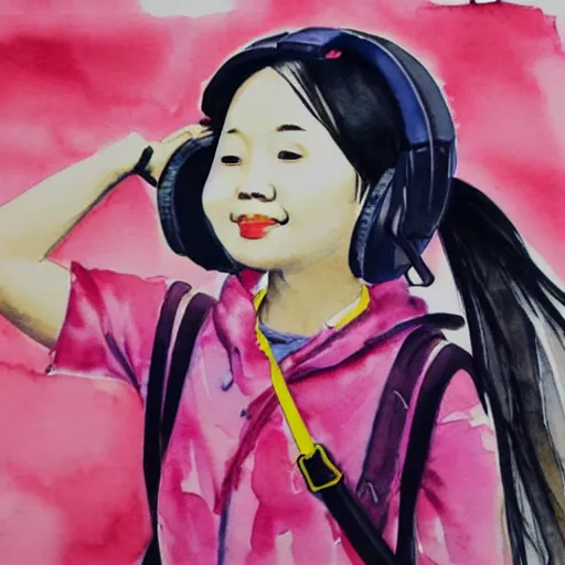 Prompt: cute Chinese girl with headphones and a yellow backpack in NYC, highly detailed watercolor painting