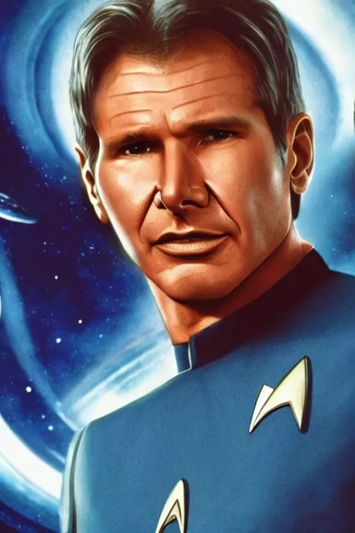 Prompt: photorealistic!! middle aged harrison ford as a star trek captain, blue starfleet uniform, film quality