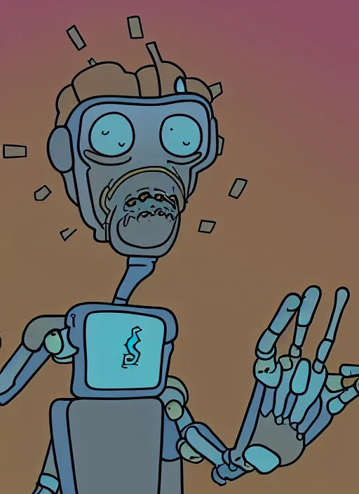 Image similar to an artificial intelligence in a robot short circuiting trying to figure how hands look, rick and morty art style illustration