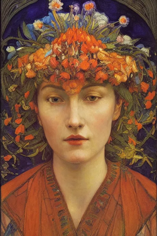 Prompt: queen of flowers by Annie Swynnerton and Nicholas Roerich, strong dramatic cinematic lighting , ornate headdress , flowing robes, lost civilizations, smooth, sharp focus, extremely detailed