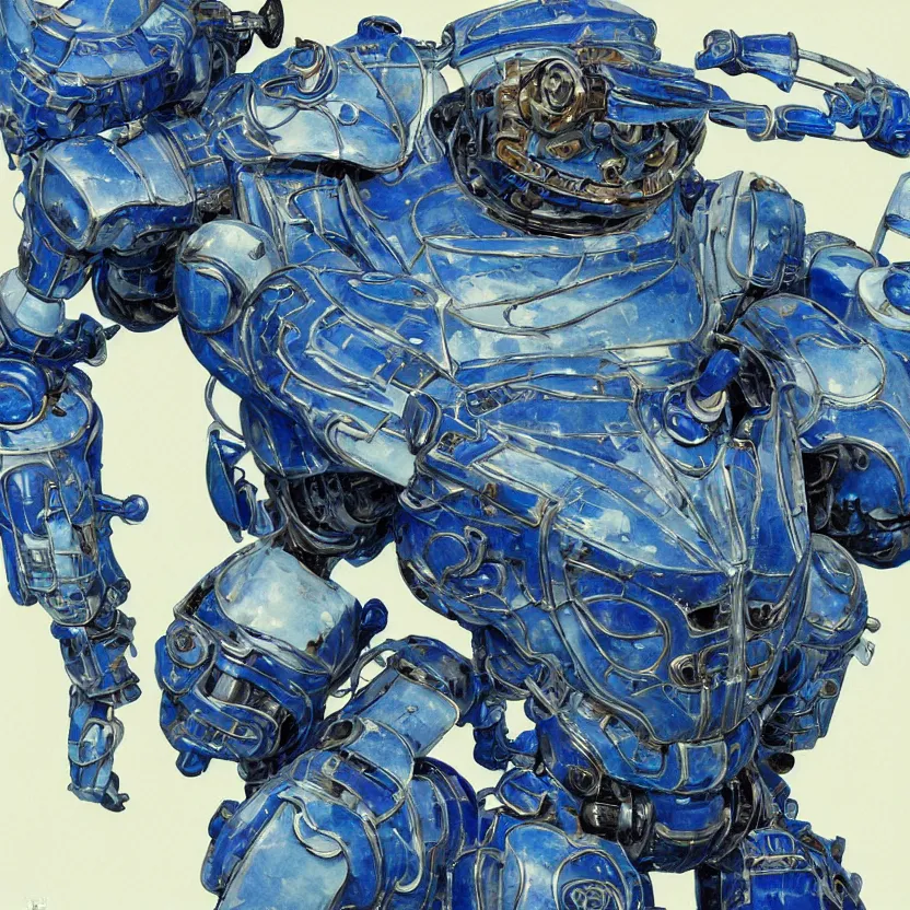 Prompt: a close - up portrait of an ornate blue and white porcelain mecha made out of white vitrified translucent ceramic ; china. reflective detailed textures. gloomy black background. highly detailed fantasy science fiction painting by moebius, norman rockwell, frank frazetta, and syd mead. rich colors, high contrast. artstation