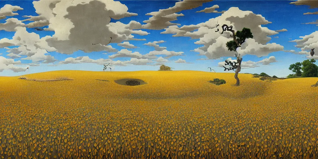 Prompt: a painting of a meadow in iowa. by vladimir kush salvador dali, hokusai and mondrian, trending on artstation--height 1024