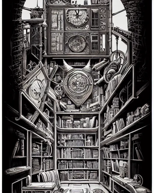 Image similar to a majestic steampunk alchemists bookshelf, two point perspective, furniture, high details, bold line art, by vincent di fate and joe fenton, inking, etching, screen print, masterpiece, trending on artstation, sharp, high contrast, hyper - detailed,, hd, 4 k, 8 k