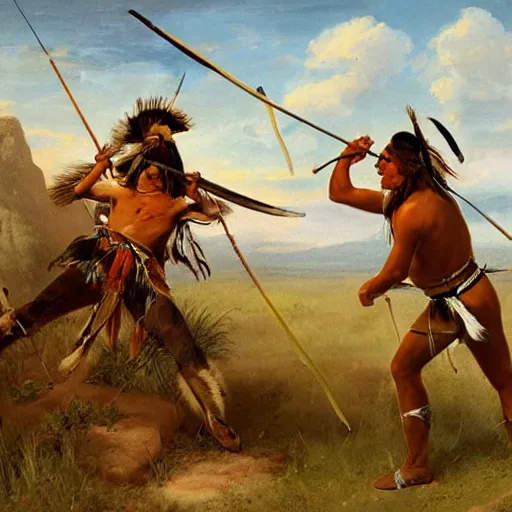 Prompt: native american man hunting sabertooth tiger on great plains with bow and arrow, painting by emanuel leutze and emanuel leutze and emanuel leutze and emanuel leutze and emanuel leutze