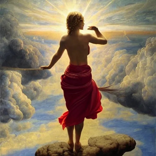 Prompt: Full body oil painting of Taylor Swift, wearing a peplos, hair natural disheveled, approaching heaven over the clouds, naturalism, dramatic lighting, high-detailed oil painting by Ilya Repin, Michelangelo da Caravaggio, William Blake, Alex Grey and Beksinski, trending on Artsation, hystorical painting, naturalism, masterpiece, 4k, 8k