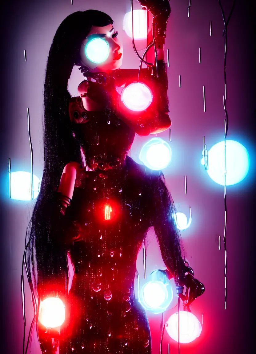 Image similar to woman, android, black hair, cyberpunk, artificial limbs, circuit, mechanisms, tattoos, neon lights, hard light, glamour, vogue photoshoot, fashion, lens flare, long dress, red dress, raindrops, rain, wet, wet hair, wet fabric, make - up, leaky make - up, red lipstick