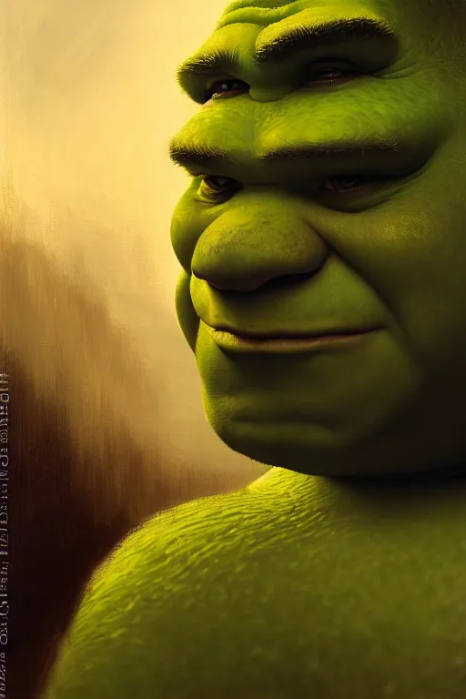 Prompt: a half body portrait of shrek, high detail, cleary see face, by gaston bussiere, bayard wu, greg rutkowski, odd nerdrum, maxim verehin, dan dos santos, masterpiece, sharp focus, cinematic lightning