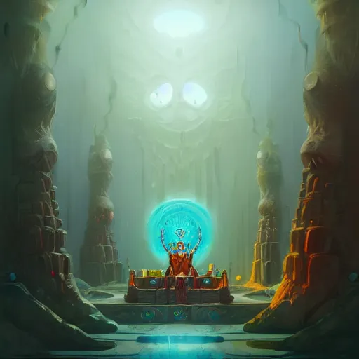 Image similar to Throne Room of the Shaman Owl King, cinematic concept art, matte painting, trending on Artstation, wide angle shot, by Peter Mohrbacher