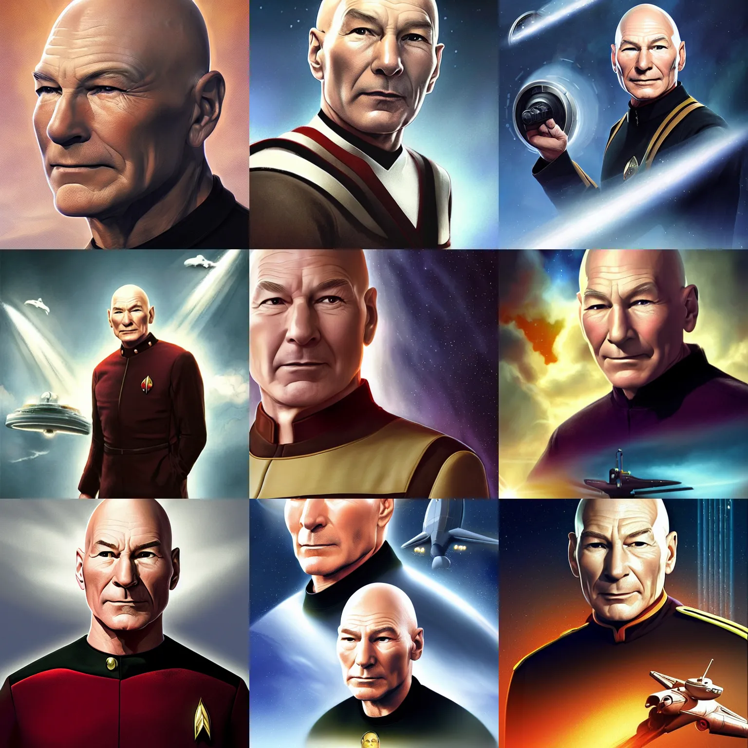 Prompt: patrick stewart as jean - luc picard, captain of the uss enterprise, character digital illustration portrait design by, mark brooks and brad kunkle detailed, gorgeous lighting, wide angle action dynamic portrait