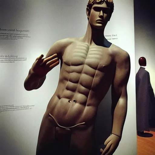 Image similar to “ a realistic detailed photo of a guy who is an attractive humanoid who is half robot and half humanoid, who is a male android, actor liam hemsworth, shiny skin, posing like a statue, blank stare, at the museum, on display ”