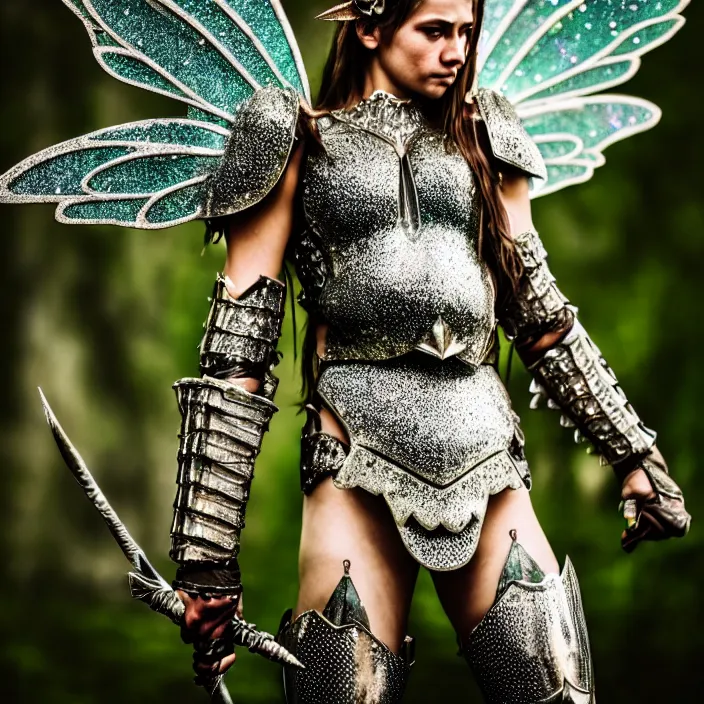 Image similar to full body photo of a fairy warrior wearing sparkly armour, highly detailed, 4 k, hdr, smooth, sharp focus, high resolution, award - winning photo