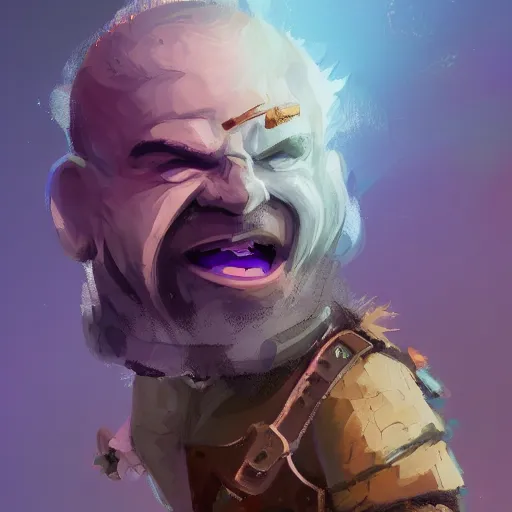 Image similar to male dwarf youth adventurer with purple skin, by Ismail Inceoglu, wearing leather adventuring clothes, shabby, short, kid, bald, wielding knife, happy grin, character portrait closeup, digital art, dungeons and dragon, character