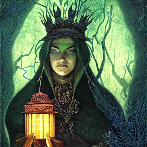 Image similar to the forest queen with her lantern, by leo and diane dillon and kit williams and andrew ferez, dramatic lighting, god rays, smooth, sharp focus, highly detailed