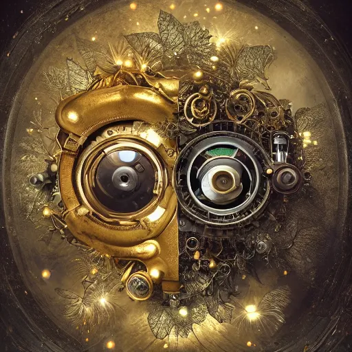 Image similar to a beautiful ultradetailed fine art RPG portrait photo of a mechanical industrial steampunk yin yang symbol, overgrown with morning glory flowers, montsera leaves by tom bagshaw and zach sutton, golden ratio composition, soft studio lighting, soft vignette, 50mm lens, very detailed, bionic, cybernetic scifi, deep depth of field, artstation, 8K, highly coherent