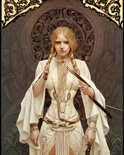 Prompt: mage fighting a ghoul, ivory carved mantle, blonde braided hair wearing ivory carved bone armor, bone plants, intricate, elegant, highly detailed, digital painting, details by alphonse mucha, full body concept art, smooth, sharp, focus, illustration, art by artgerm, greg rutkowski, ilya kuvshinov