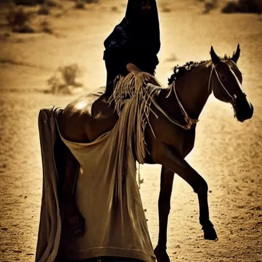Image similar to beautiful burqa's woman, ride horse in saharan, dress like taliban, sharp eyes, detailed face, white skin, beautiful tatted hands, handling riffle on chest, shooting pose, dust, cinematic, dynamic pose, pinterest