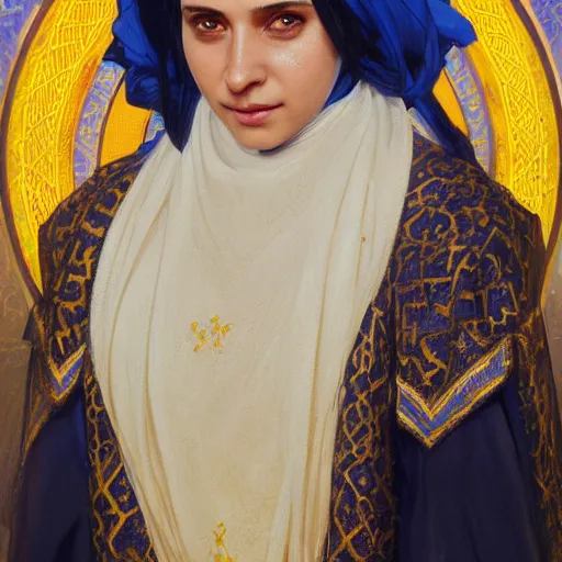 Image similar to portrait of a middle - eastern female cleric with straight black hair wearing blue and yellow vestments, fantasy, highly detailed, digital painting, artstation, concept art, character art, art by greg rutkowski and tyler jacobson and alphonse mucha