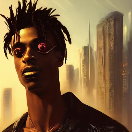 Image similar to cyberpunk, closeup portrait of a playboi carti, dramatic light, city background, sunset, dystopian setting, high contrast, sharp, neuromancer, henry dorsett case, painted by stanley lau, painted by greg rutkowski, painted by stanley artgerm, digital art, trending on artstation