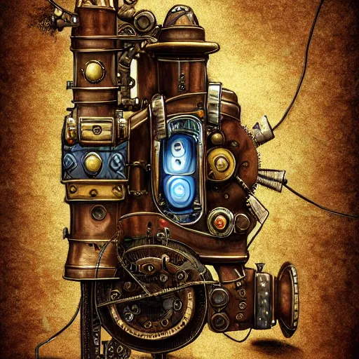 Image similar to steampunk mobile phone, steam engine to charging, illustration, concept art, digital painting, matte, hyperdetailed