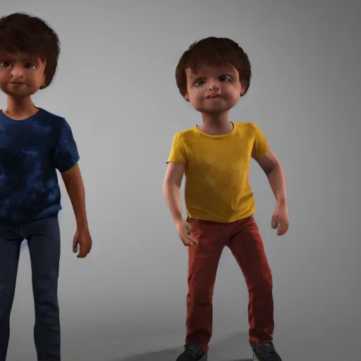 Image similar to full body unreal engine 5 render of two boys, highly detailed faces