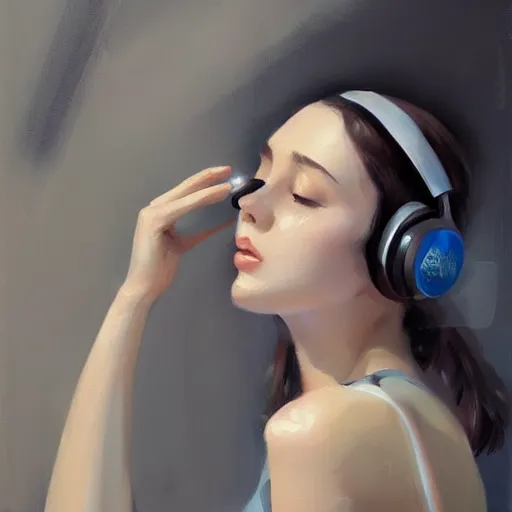 Image similar to portrait of beautiful woman listening to headphones, tank top, studying for school, art by wlop.