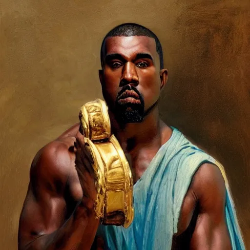 Image similar to detailed realistic cinematic wide shot of beautiful attractive muscular kanye west with gold chain wearing blue bath robe slim face symettrical face clean skin black eyes black robe smooth, sharp focus, ultra realistic, spring light, painting by gaston bussiere, craig mullins, j. c. leyendecker