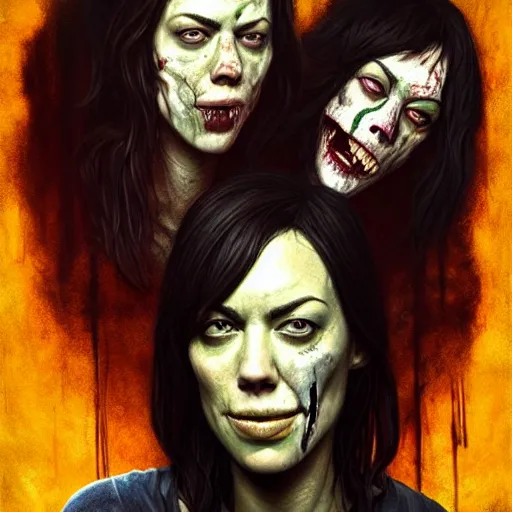 Prompt: color head portrait of aubrey plaza and lena headey grinning as a zombie, 7 days to die zombie, gritty background, fine art, award winning, intricate, elegant, sharp focus, cinematic lighting, digital painting, 8 k concept art, art by michael hussar, art by brom, art by guweiz and z. w. gu, 8 k