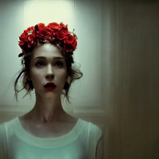 Prompt: movie still of the girl with the flowers head, cinematic composition, cinematic light, by edgar wright and david lynch, oniric atmosphere,