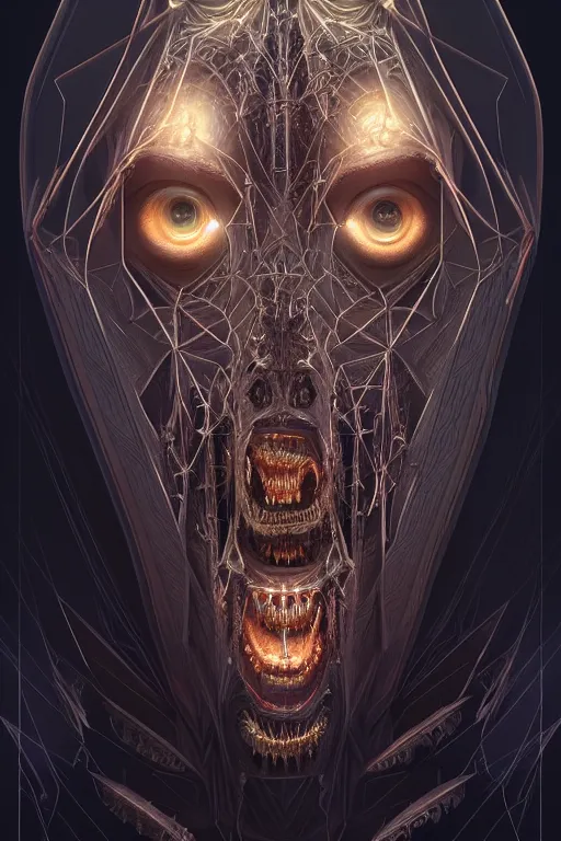 Image similar to professional concept art symmetrical portrait of a horrendous mechanical predatory fractal! species in a dark room by artgerm and greg rutkowski. an intricate, elegant, highly detailed digital painting, concept art, smooth, sharp focus, illustration, in the style of cam sykes.